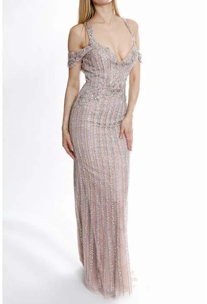 Terani Couture - Metallic Beaded Cutout Sheath Gown 1821GL7440 - 1 pc Blush Nude In Size 6 Available