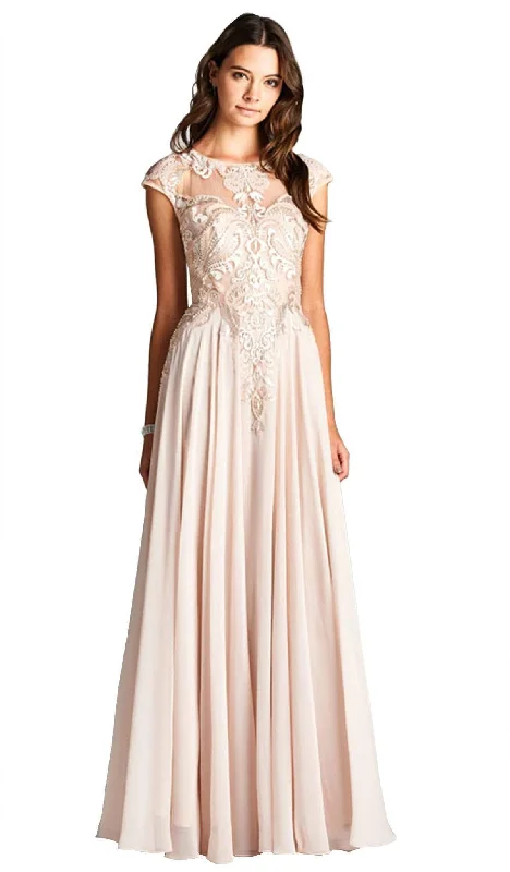 Trevi Collection - Applique Jewel Neck A-line Evening Dress