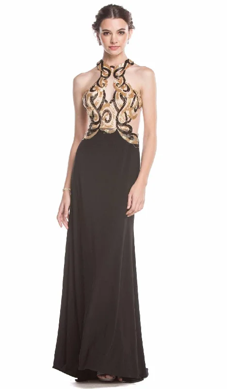 Trevi Collection - Bead Embellished Halter Sheath Evening Dress