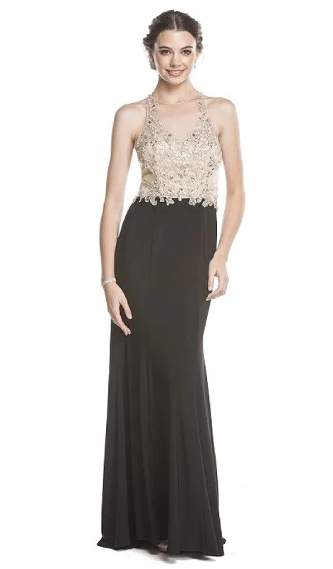 Trevi Collection - Beaded Sheer Sheath Evening Dress