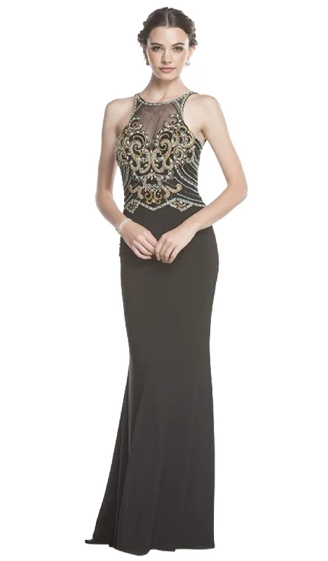 Trevi Collection - Bedazzled Illusion Halter Fitted Evening Dress