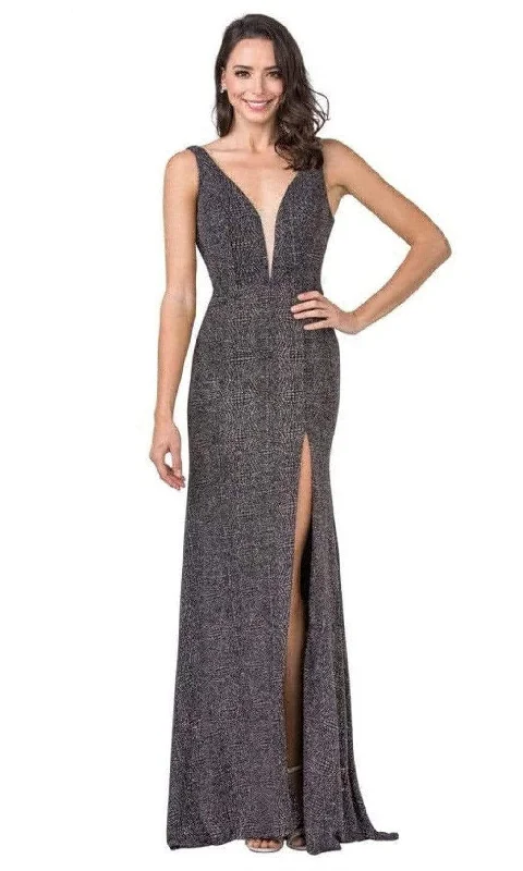 Trevi Collection - D411 Plunging Neck Jacquard Slit Dress