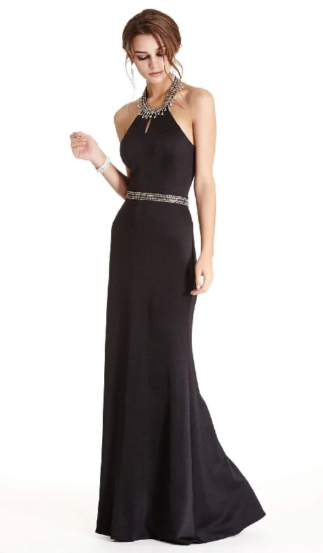 Trevi Collection - Embellished Halter Neck Sheath Evening Dress