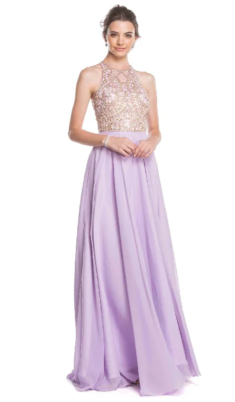 Trevi Collection - Jeweled Illusion Halter A-line Prom Dress