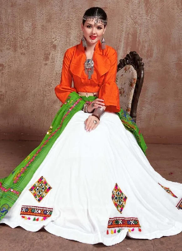 White And Orange Color Cotton Base Navratri Special Mirror Work Lehenga Choli