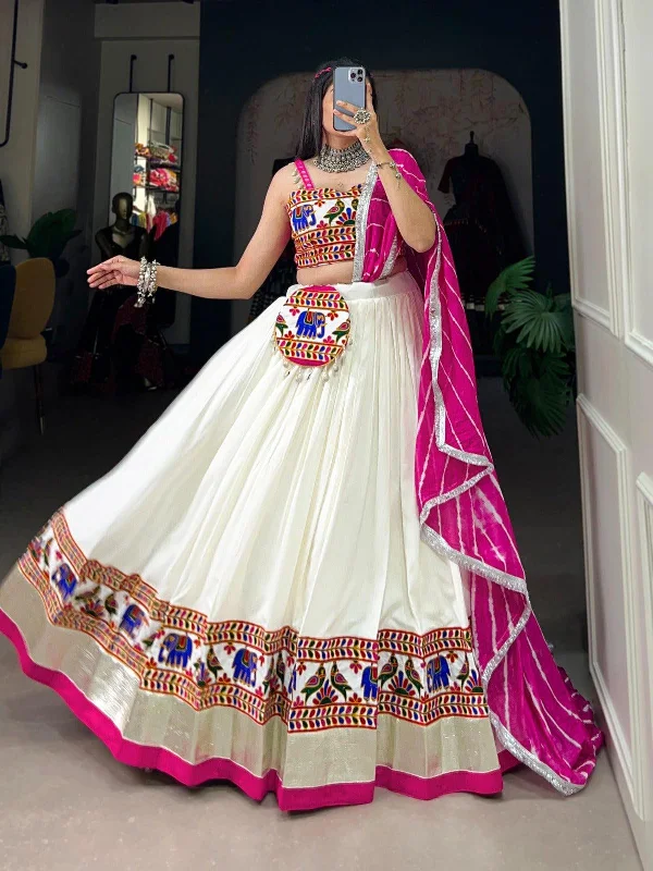 White Pure Rayon Gamthi Worked Navratri Lehenga Choli Set