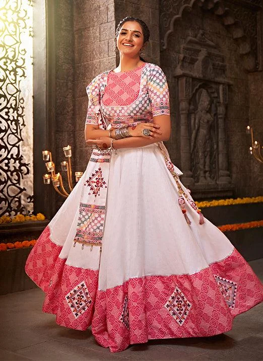 White With Pink Gamthi Mirror Work Navratri Lehenga Choli