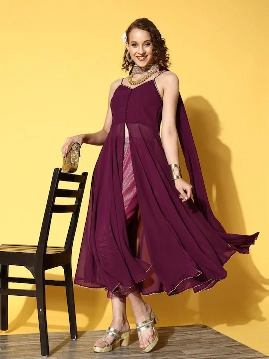 Women Mauve High Slit Gotta Patti Kurta with Trousers & With Dupatta