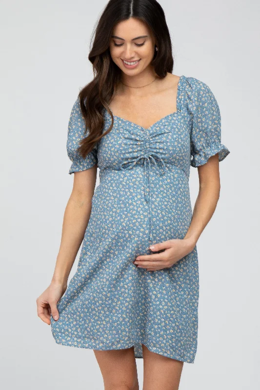 Blue Floral Cinched Sweetheart Neck Maternity Dress