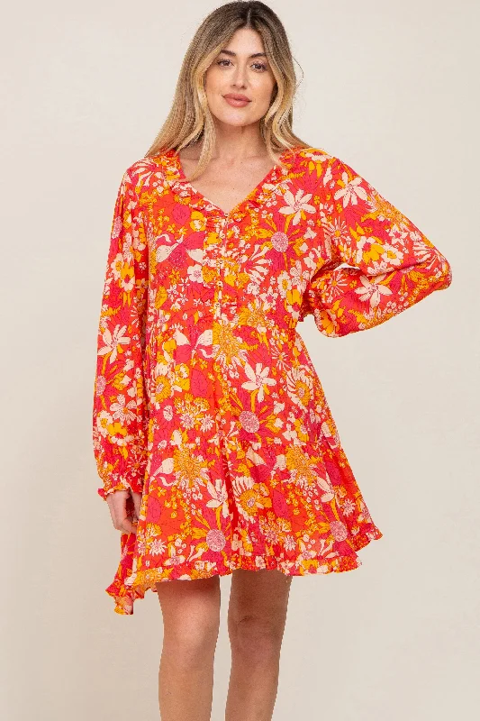 Coral Floral Button Front Ruffle Accent Maternity Dress