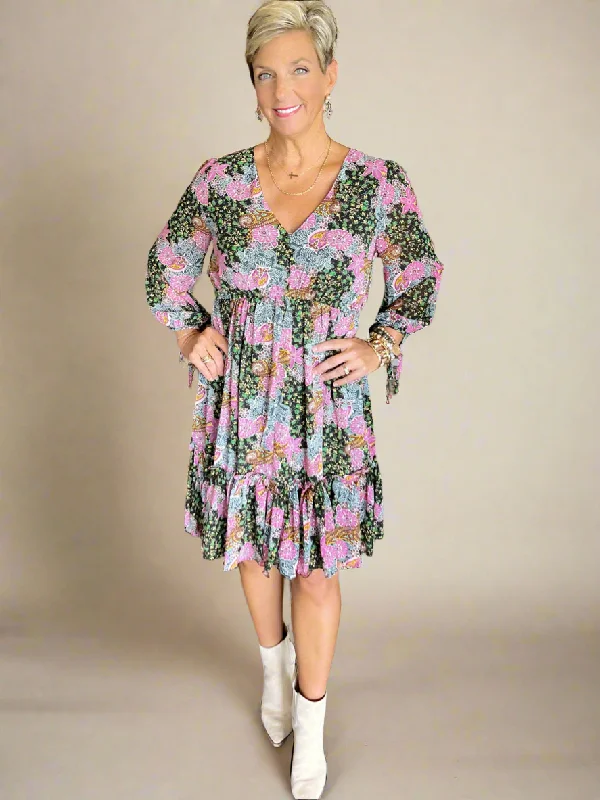 Floral Print Ruffle Dress with Tie Detail on Sleeve