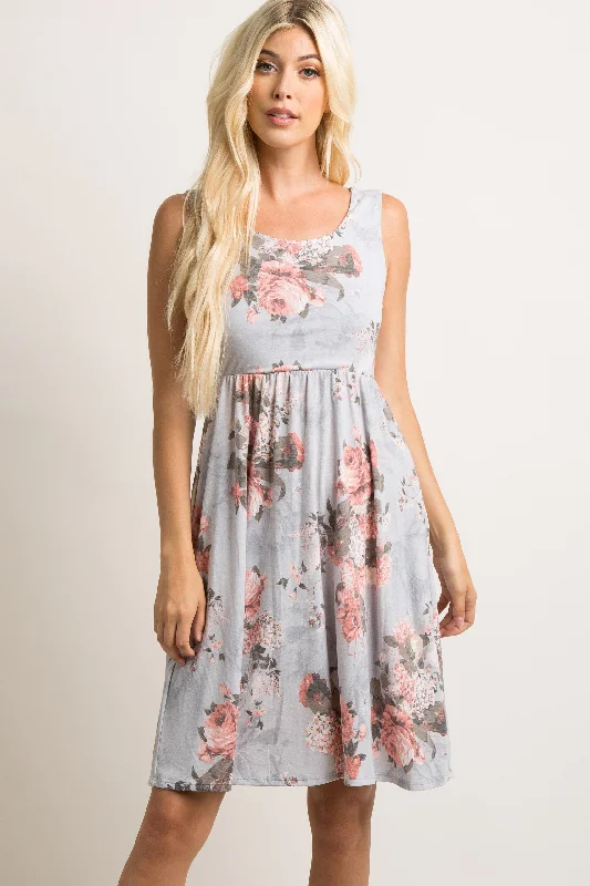 Light Grey Floral Sleeveless Dress