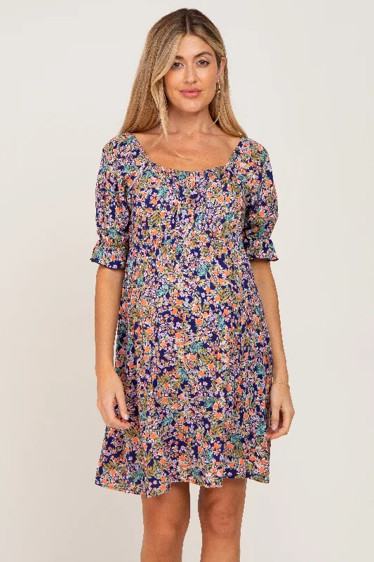 Navy Floral Cinched Short Sleeve Maternity Dress