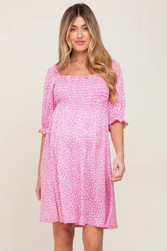 Pink Floral Smocked Square Neck Maternity Dress