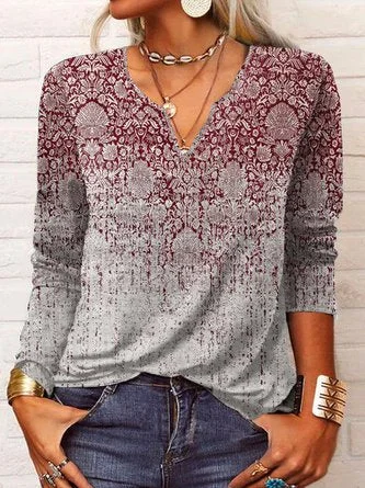 Ethnic Long Sleeve Notched Casual Tunic T-Shirt QAL16