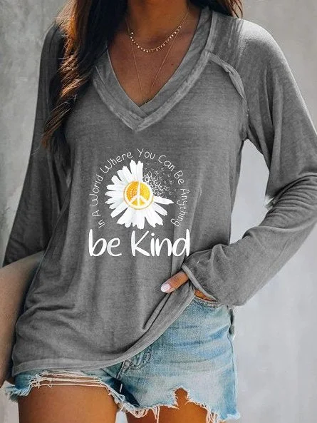 Casual V neck Long Sleeve Printed T-shirt  QH102