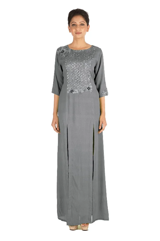 Hand Embroidered Charcoal Grey Long Tunic With Front Slits