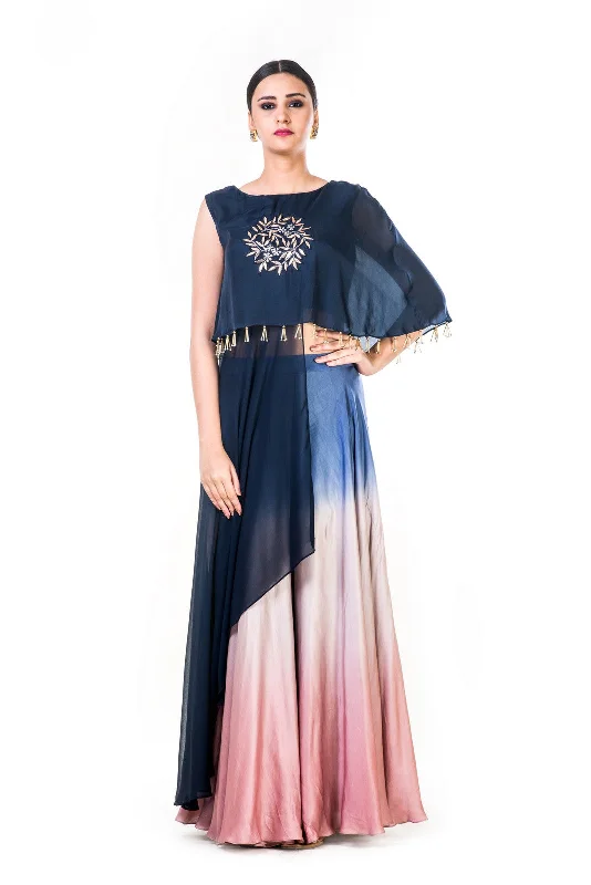 Hand Embroidered Navy Blue & Pink Crop Top With An Attached Long Cape & A Shaded Palazzo