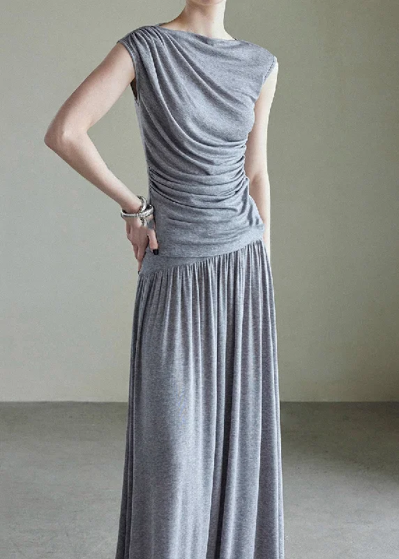 Handmade Grey Slash Neck Vest And Maxi Skirts Cotton Two Piece Set Sleeveless AJ1034