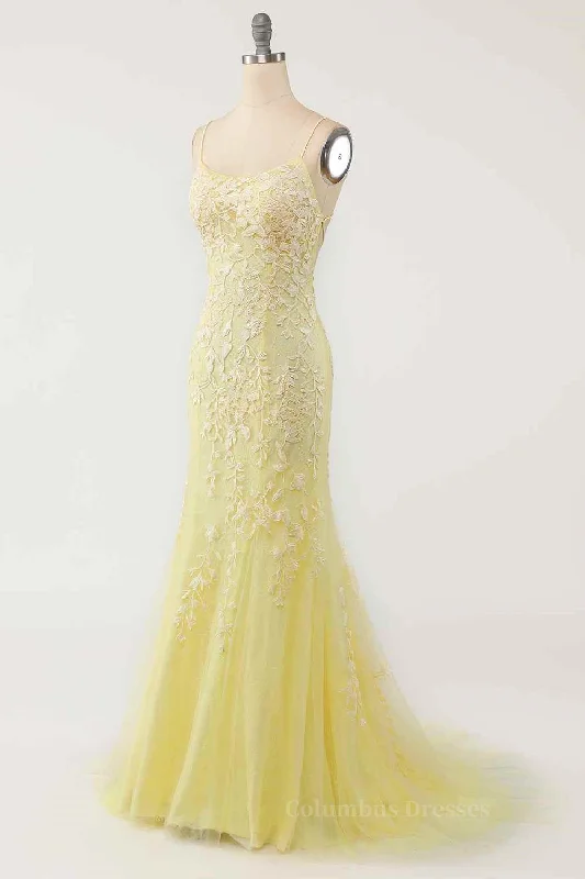 Light Yellow Light Blue Mermaid Scoop Neckline Applique Lace-Up Back Long Prom Gown