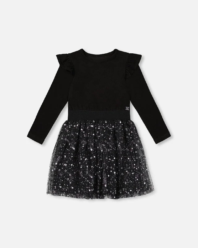 Long Sleeve Dress With Glittering Tulle Skirt Black