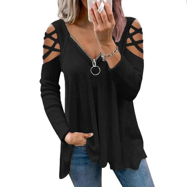 Long-Sleeve Plain Cutout Zip T-Shirt CG17