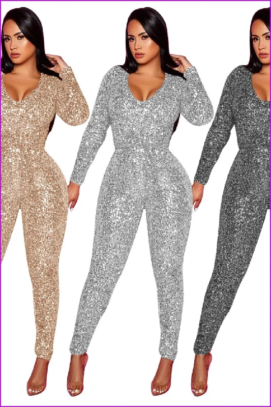 Sequins Jumpsuit Women Bodycon Long Sleeve Rompers with Belt F414