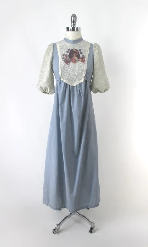 Vintage 70s Victorian Revival Girls Chambray Lace Prairie Dress S