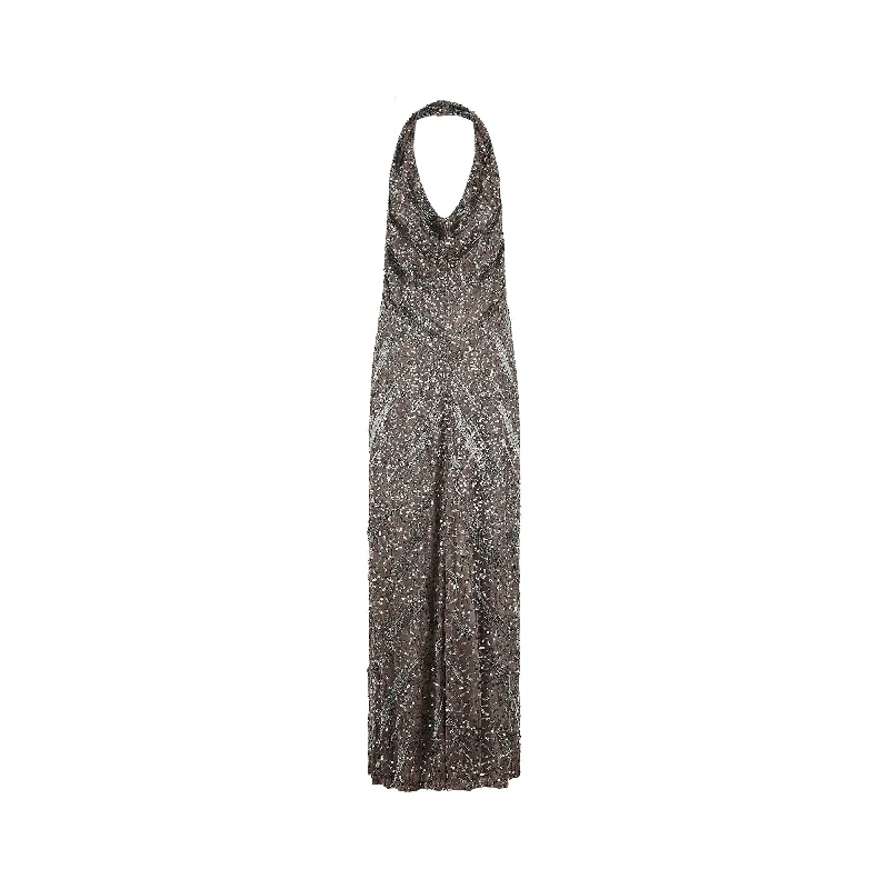 2000s Max Mara Silver Sequin Halter Neck Dress