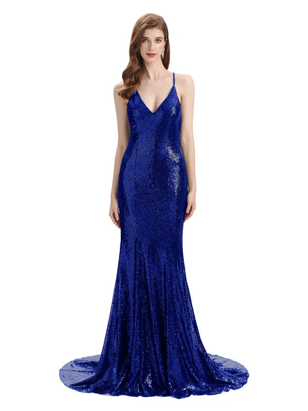 Sexy Spaghetti Strap Sequins Floor-Length Bridesmaid Dresses