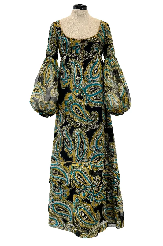 Exquisite  1960s Thea Porter Couture Rare Printed Silk Chiffon Dress w Gold Metal Thread & Sequin Detailing