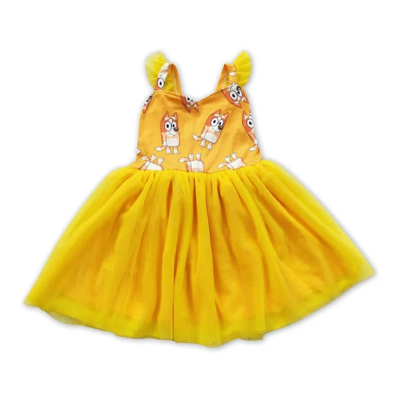 Girls Brown Dog Tulle Dress In Yellow