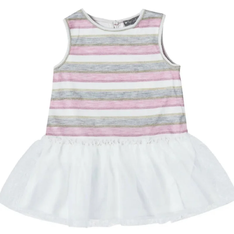 Girls' Knit Striped Tulle Dress In White Multi