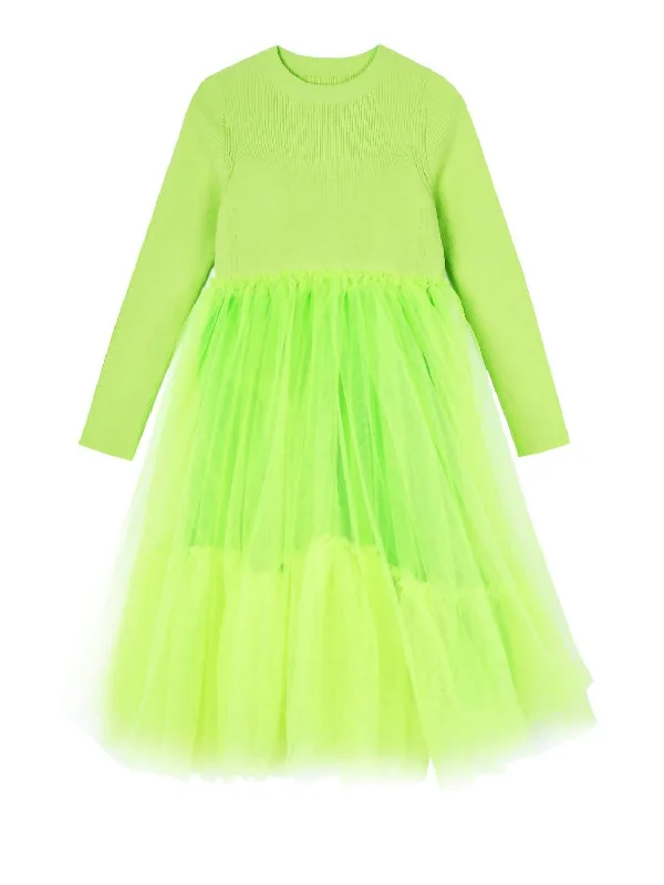 Girl's Ribbed Sweater And Tulle Dress In Lime Green