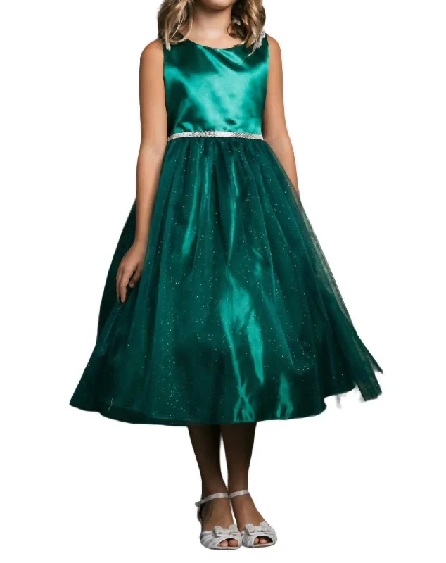 Girl's Satin & Tulle Holiday Dress In Hunter Green