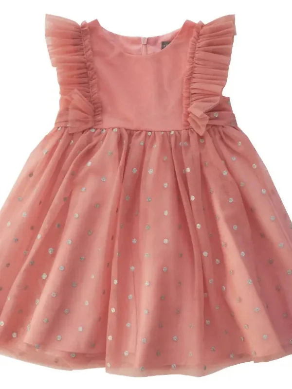 Girls' Tulle Polka Dot Dress In Coral