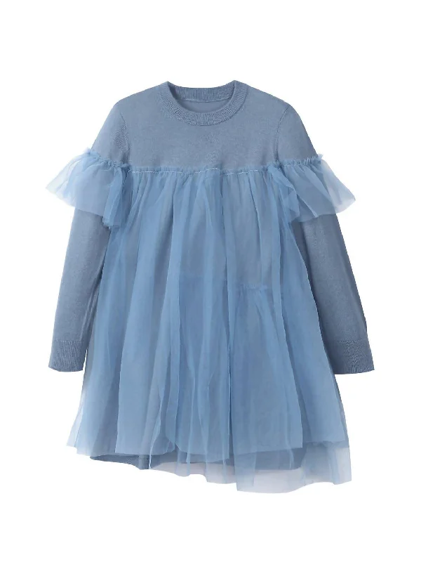 Kids Knit Tulle Dress In Blue