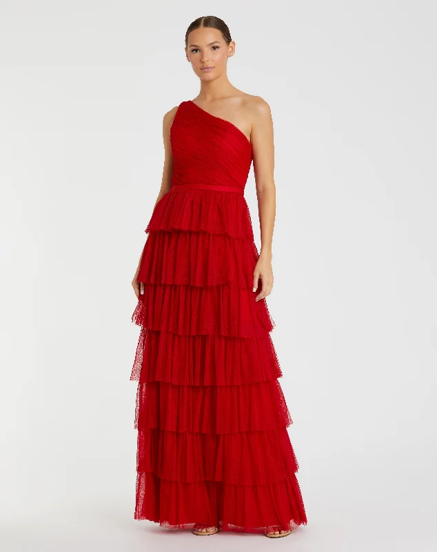 One Shoulder Layered Tiered Tulle Gown