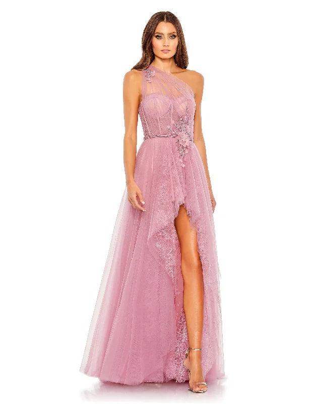 Embellished Tulle One Shoulder High Low Gown - Rose