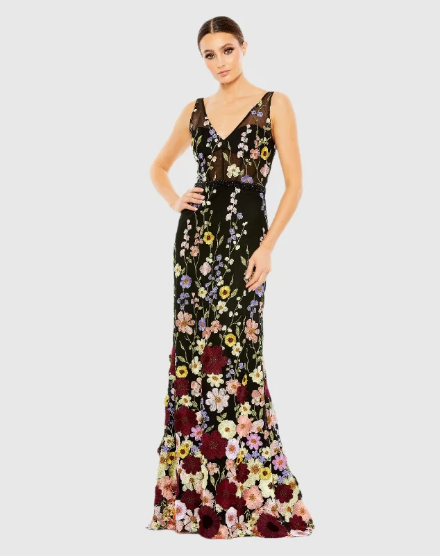 Embroidered Tulle Sleeveless V Neck A Line Gown