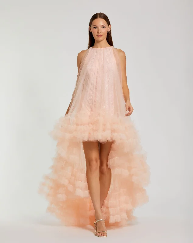 Light Pink Tulle High Neck Sleeveless Ruffled Hem Hi-Low Gown