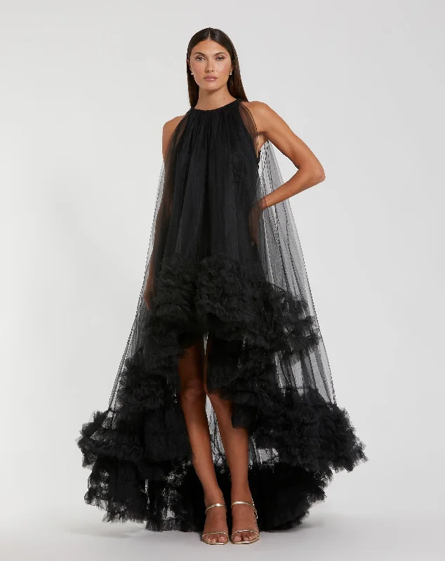 Black Tulle High Neck Sleeveless Ruffled Hem Hi-Low Gown