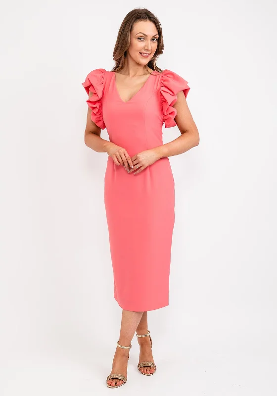 Casting Gathered Shoulder Midi Dress, Coral