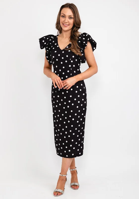 Casting Polka Dot Gathered Shoulder Midi Dress, Black