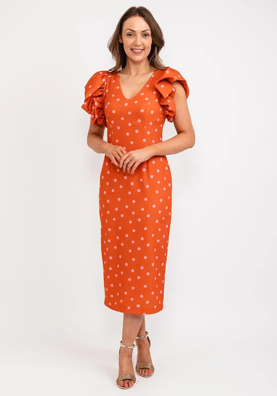 Casting Polka Dot Gathered Shoulder Midi Dress, Orange & Pink