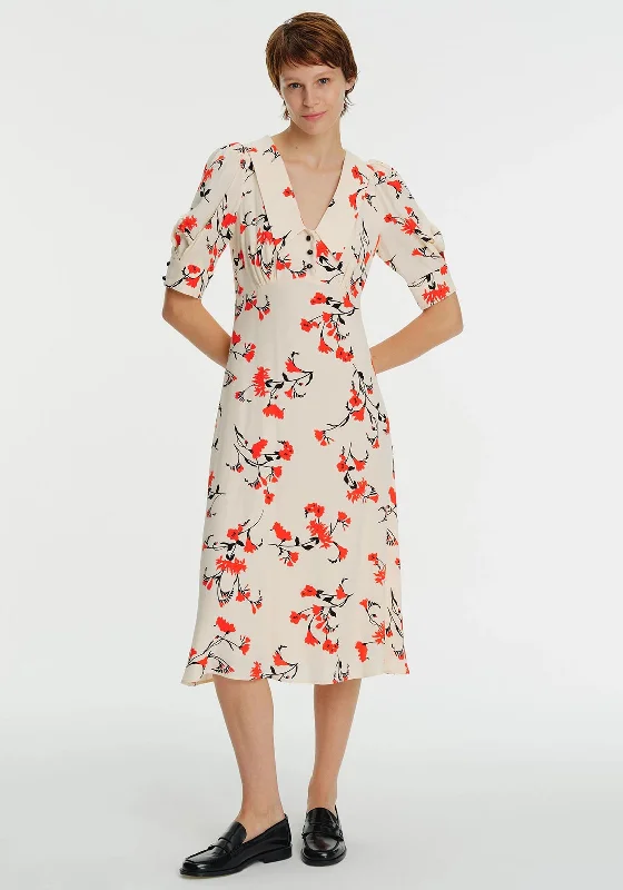 Exquise Oriental Floral Collared Midi Dress, Multi