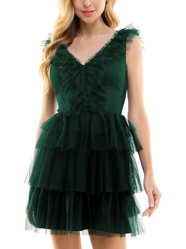 Juniors Womens Tiered Tulle Fit & Flare Dress