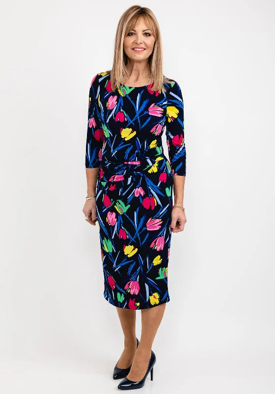 Tia Tulip Print Midi Dress, Navy Multi