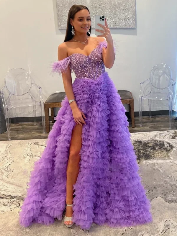 A Line Off the Shoulder Tiered Tulle Prom Dress With Slit