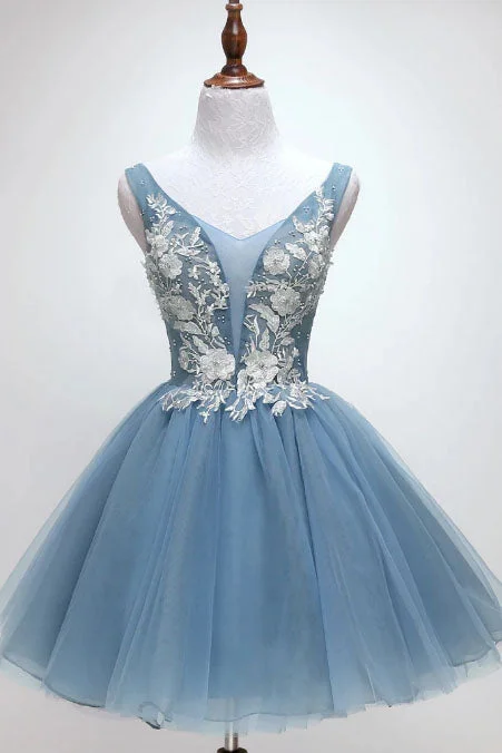 Dusty Blue Princess Tulle Appliqued Homecoming Dress